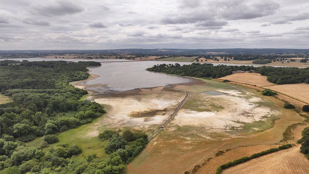 Low water levels in a drought affected reservoir in England