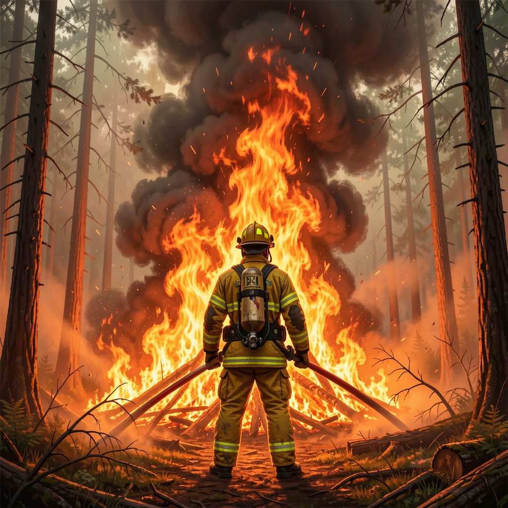 Firefighter confronting intense wildfire in Europe summer 2026
with all that heat the poo must dried quick