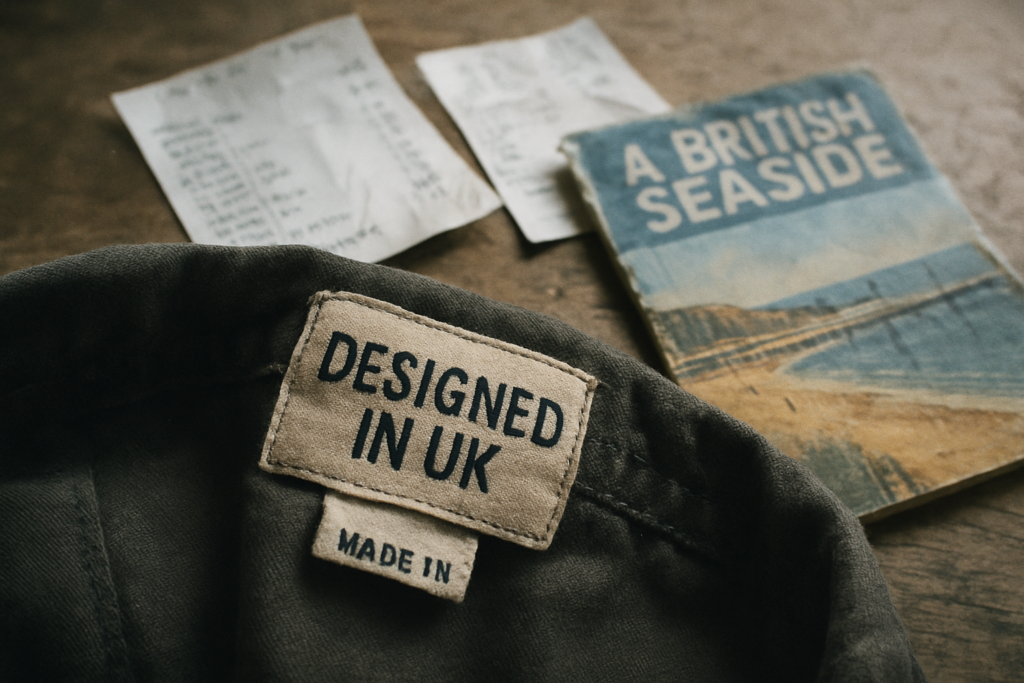 Close-up of clothing labels on a kitchen table next to receipts and a UK seaside travel brochure