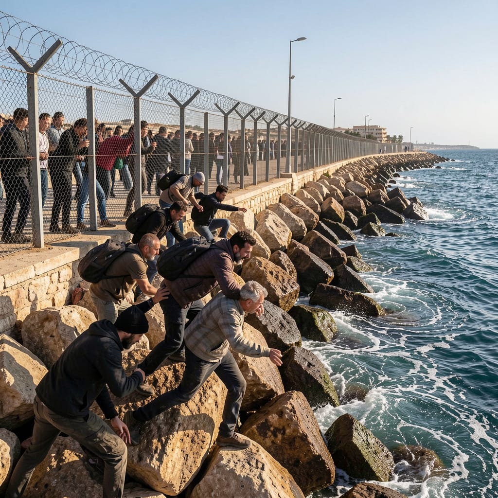 Migrants scrambling over rocks and fence into Ceuta from the sea one wonders if the border guards needed clean pants after it all