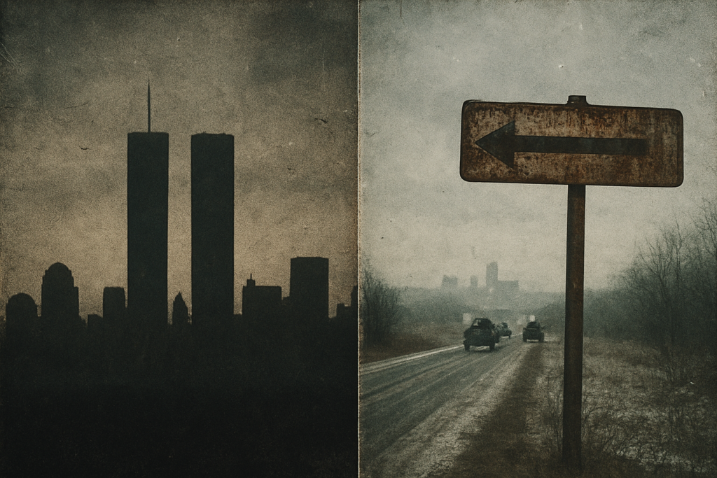 Gritty split-scene image of an empty city skyline on one side and a winter road with a distant convoy on the other