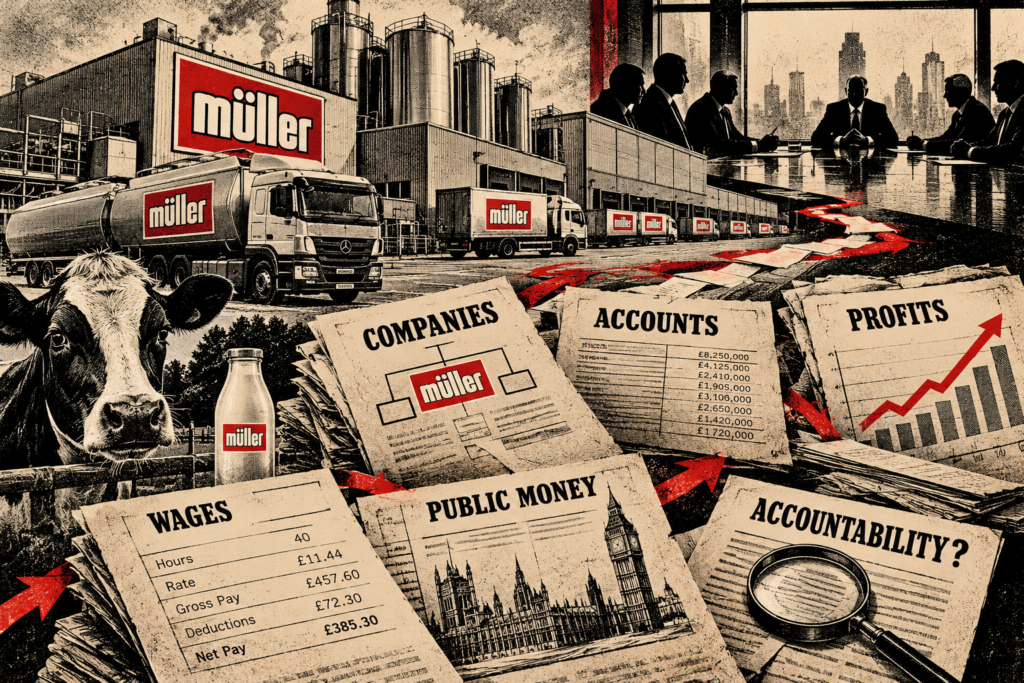 Vintage investigative illustration showing Muller dairy operations, Culina warehouses, company accounts, wages, public money and corporate accountability.