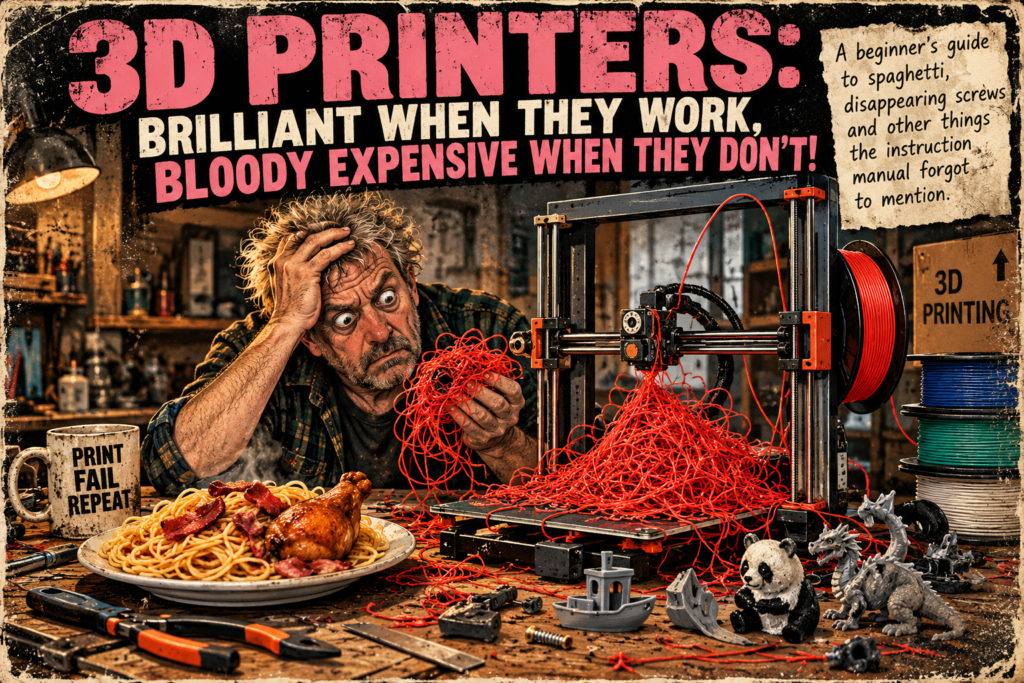 : Illustration of a frustrated man beside a 3D printer producing tangled red filament, with a plate of spaghetti nearby.