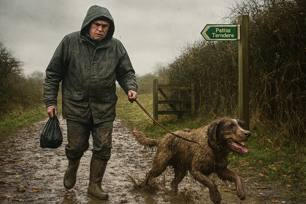 A muddy dog tugs on its lead beside a drenched owner in wellies on a rain-soaked country footpath.