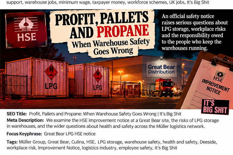 Symbolic industrial warehouse illustration highlighting flammable gas storage and workplace safety.