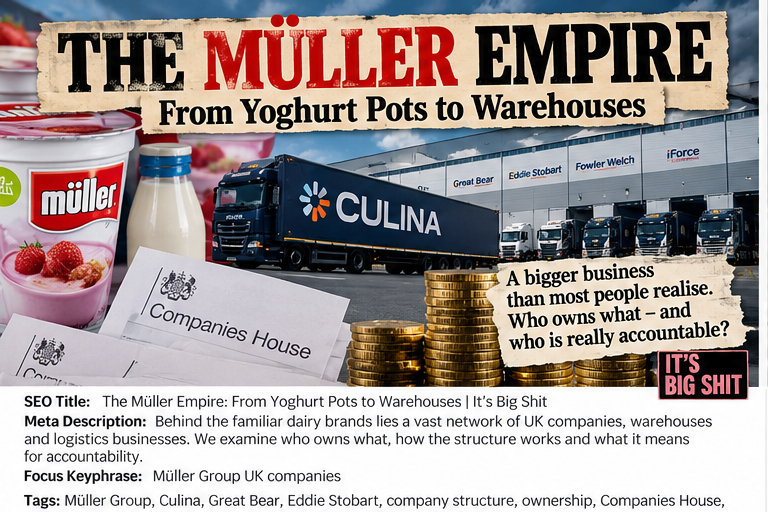 Editorial illustration of dairy production, warehouses and logistics vehicles representing the Müller Group UK business interests.