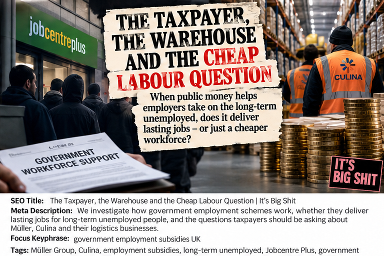 Symbolic warehouse scene illustrating questions about government-funded employment support and wages.