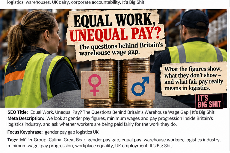 Editorial illustration representing questions about gender pay differences in British warehouses.